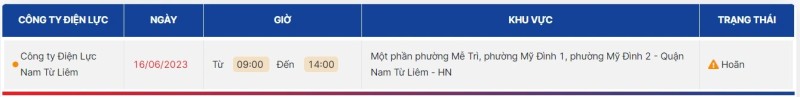 Lịch cắt điện Hà Nội ngày 16/6