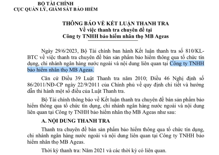 Thanh tra Bộ Tài chính điểm vi phạm của Bảo hiểm nhân thọ MB Ageas
