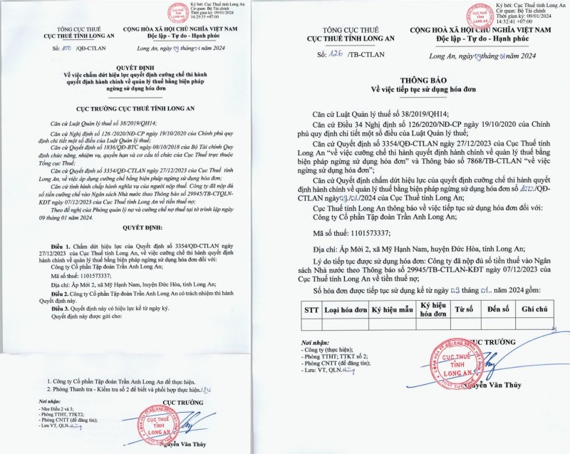 Cục thuế Long An dừng quyết định về việc ngừng sử dụng hoá đơn đối với Tập đoàn Trần Anh Long An