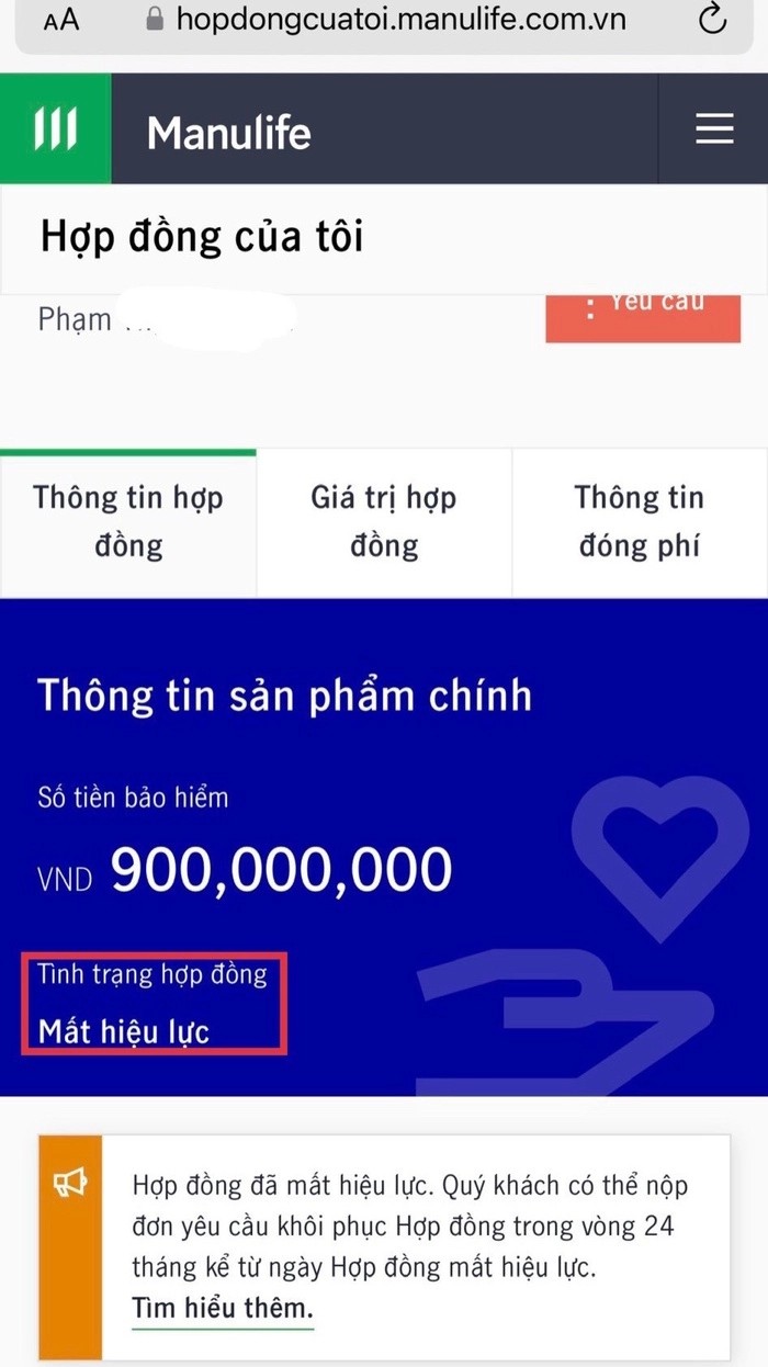 Đóng 90 triệu phí bảo hiểm, khách hoang mang khi hợp đồng với Manulife mất hiệu lực
