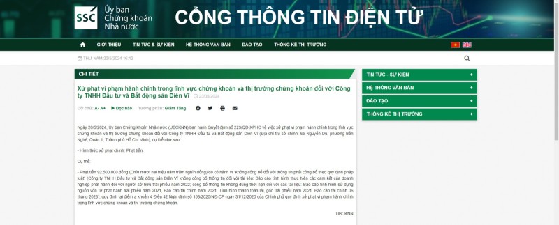 Vì sao Công ty TNHH Đầu tư và Bất động sản Diên Vĩ dính xử phạt?