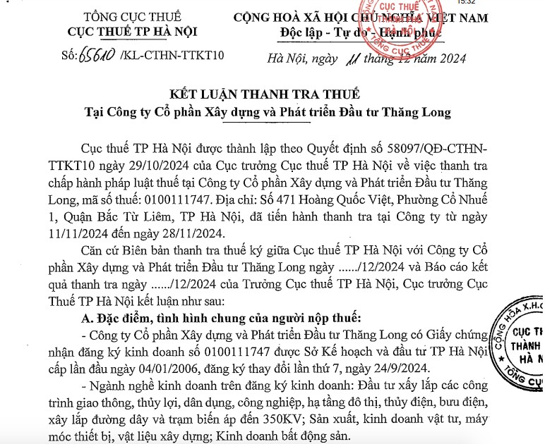 Xây dựng và phát triển đầu tư Thăng Long bị truy thu, phạt hơn 2,2 tỷ đồng tiền thuế