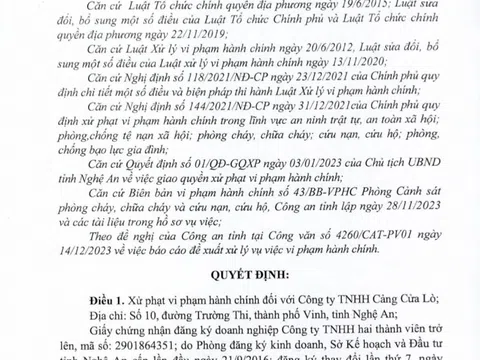 Nghệ An: Công ty TNHH Cảng Cửa Lò bị xử phạt vi phạm về phòng cháy chữa cháy